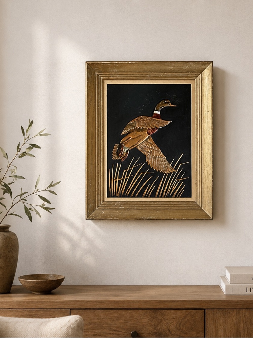 Vintage Duck Wall Art, Framed Metal Bird Relief